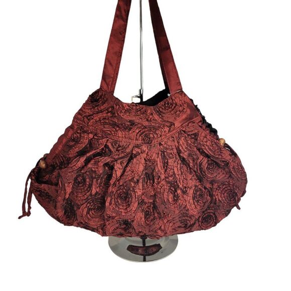 Burgundy Fabric Handbag Red Cloth Handbag Floral Motif Handbag - Picture 4 of 12